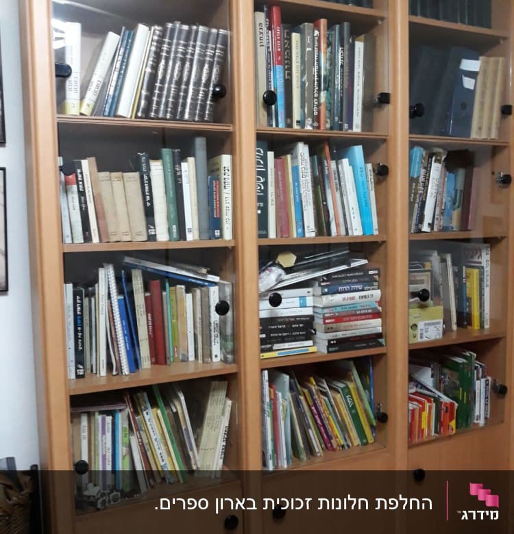 דלתות זכוכית של ארון ספרים עם ידיות שחורות